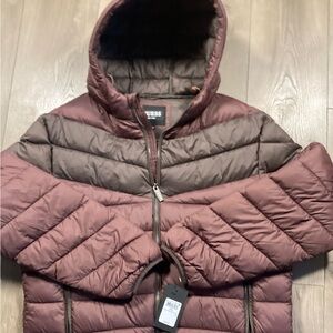 Guess Puffer Jacket Lightweight Hoodie Mens XL NWT Dark Rust